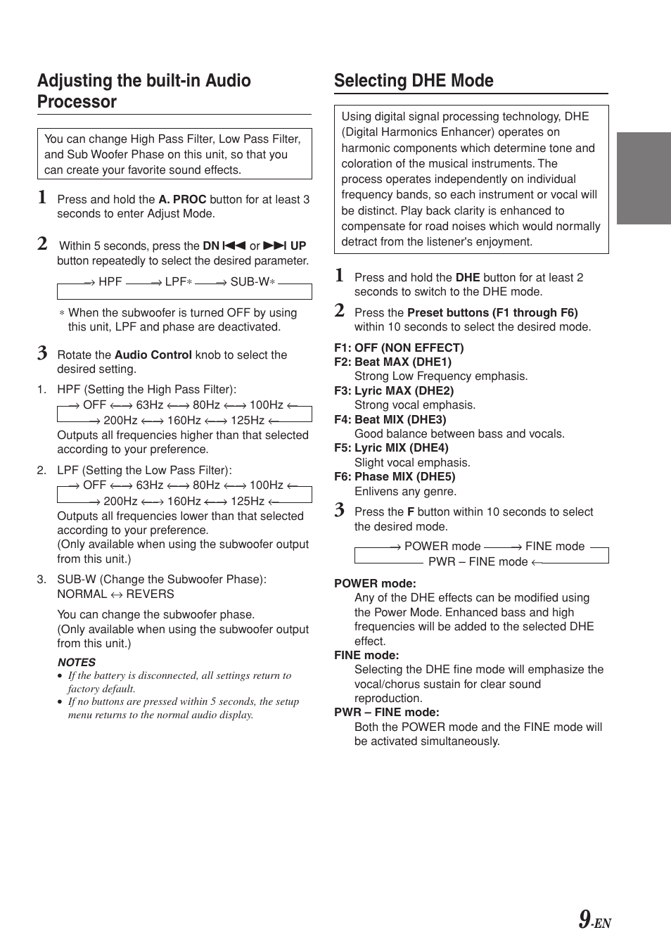 Adjusting the built-in audio processor, Selecting dhe mode | Alpine CDA-7969R User Manual | Page 11 / 34