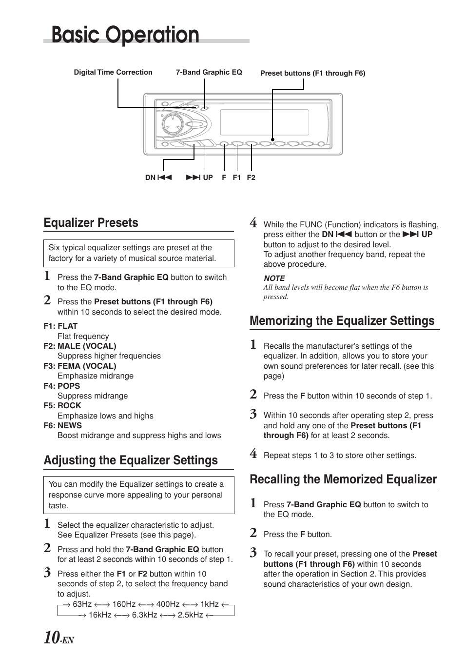 Basic operation, Equalizer presets, Adjusting the equalizer settings | Alpine CDA-7969R User Manual | Page 12 / 34