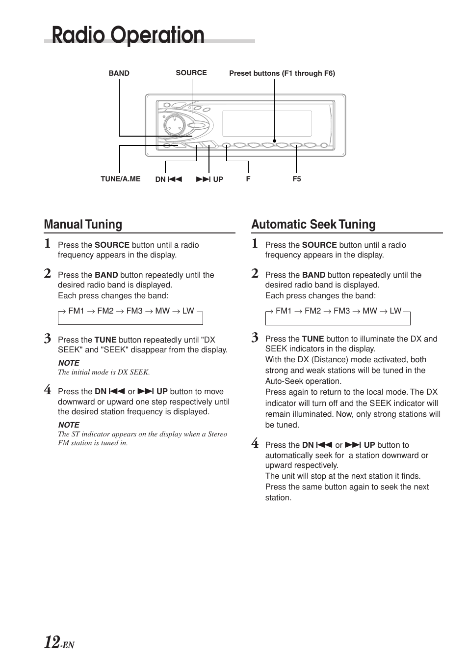 Radio operation, Manual tuning, Automatic seek tuning | Alpine CDA-7969R User Manual | Page 14 / 34