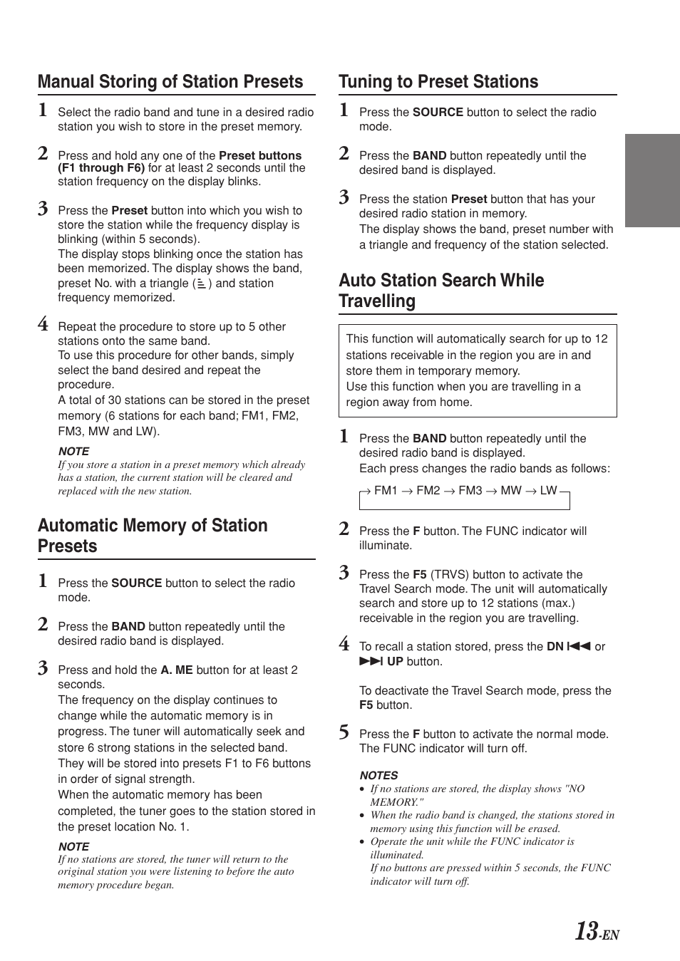 Manual storing of station presets, Tuning to preset stations, Auto station search while travelling | Alpine CDA-7969R User Manual | Page 15 / 34