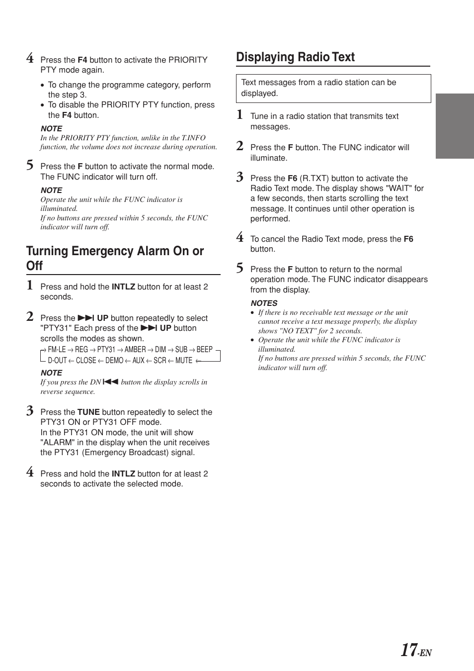 Displaying radio text, Turning emergency alarm on or off | Alpine CDA-7969R User Manual | Page 19 / 34