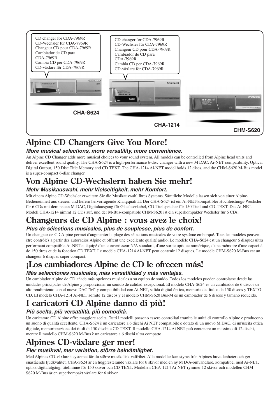 Alpine cd changers give you more, Von alpine cd-wechslern haben sie mehr, Changeurs de cd alpine : vous avez le choix | Los cambiadores alpine de cd le ofrecen más, I caricatori cd alpine danno di più, Alpines cd-växlare ger mer | Alpine CDA-7969R User Manual | Page 2 / 34