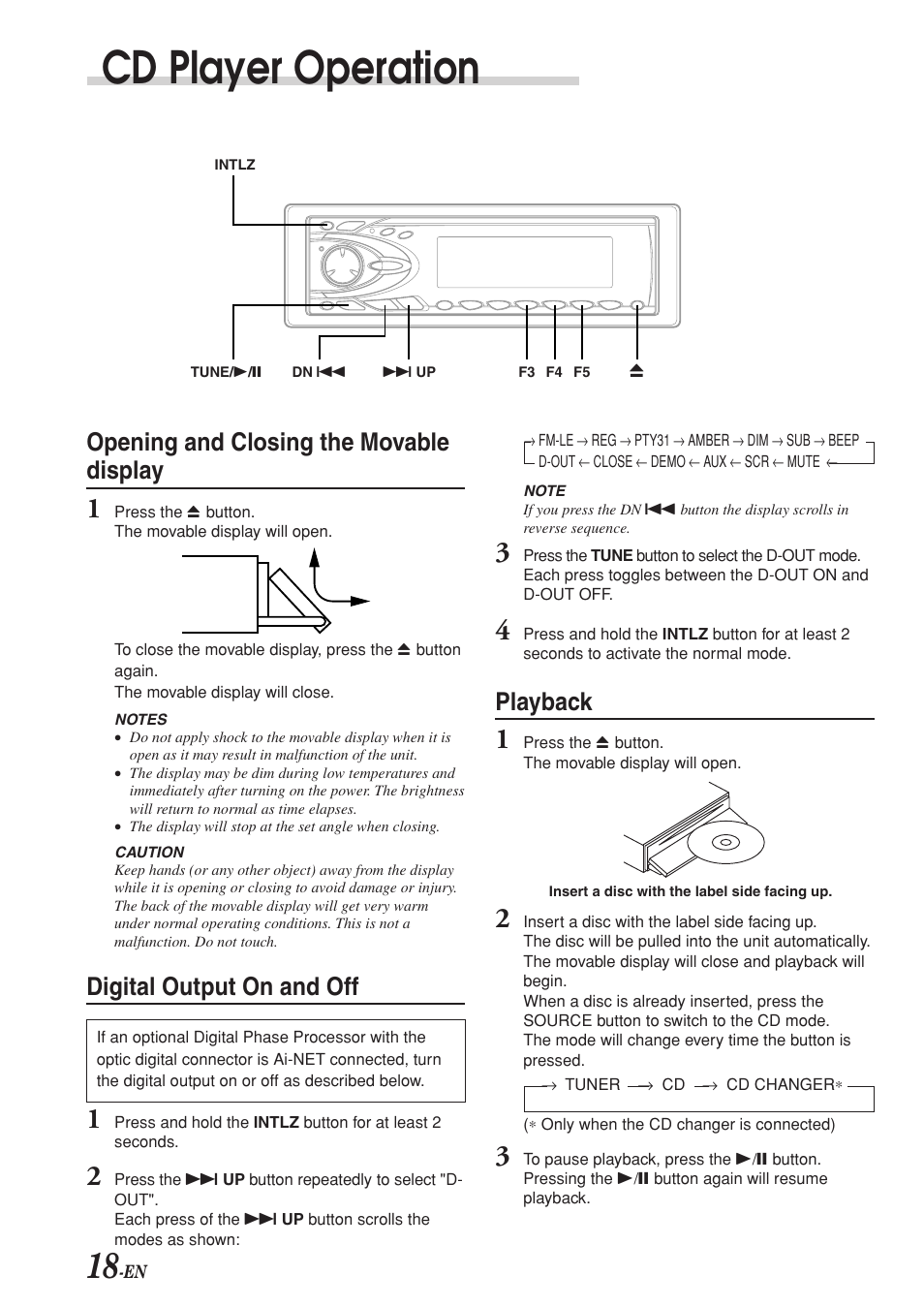 Cd player operation, Opening and closing the movable display, Digital output on and off | Playback | Alpine CDA-7969R User Manual | Page 20 / 34
