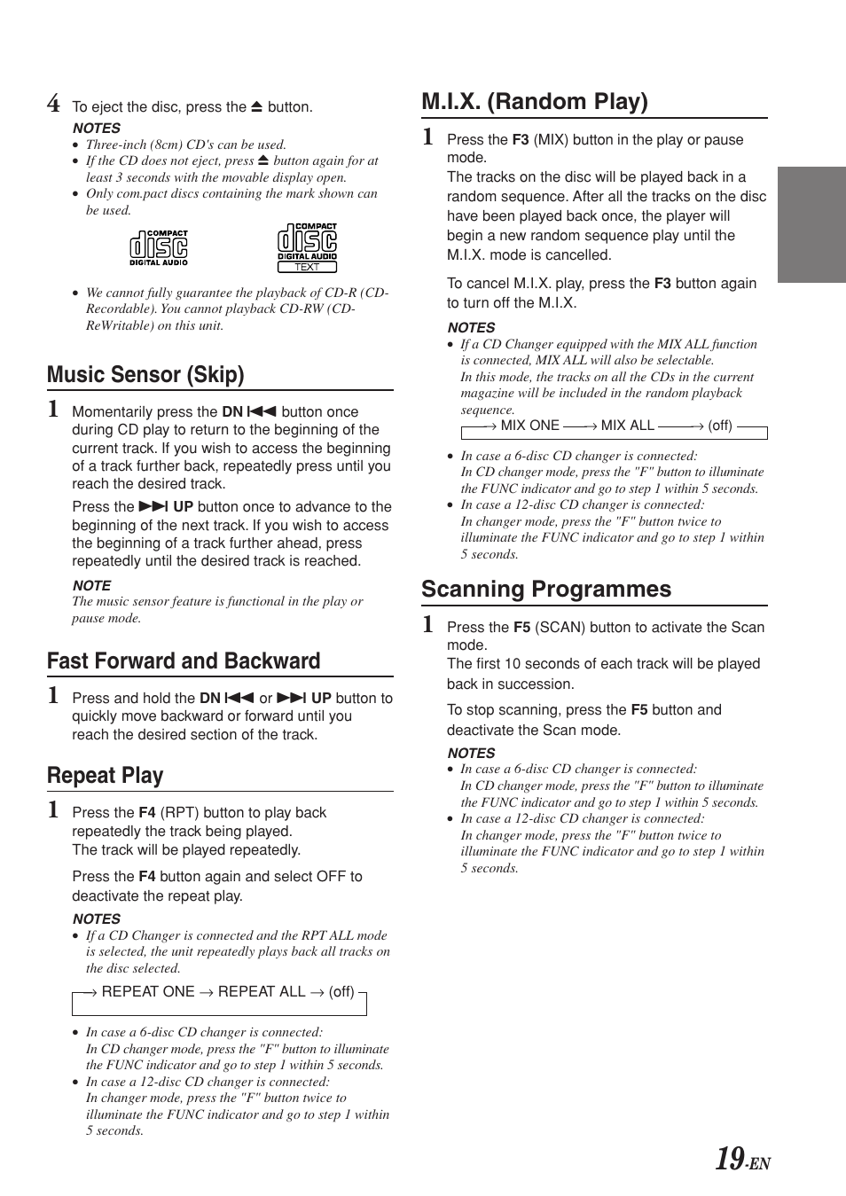 Music sensor (skip), Fast forward and backward, Repeat play | M.i.x. (random play), Scanning programmes | Alpine CDA-7969R User Manual | Page 21 / 34