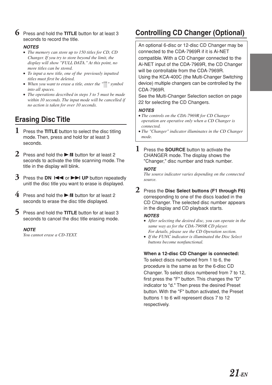 Erasing disc title, Controlling cd changer (optional) | Alpine CDA-7969R User Manual | Page 23 / 34