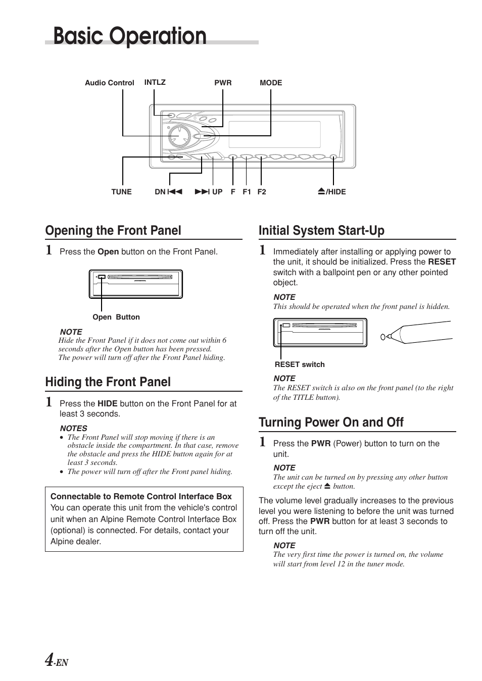 Basic operation, Opening the front panel, Hiding the front panel | Initial system start-up, Turning power on and off | Alpine CDA-7969R User Manual | Page 6 / 34