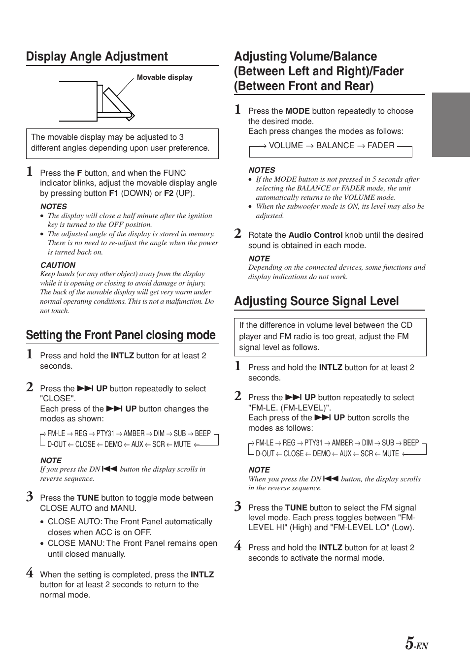 Display angle adjustment, Setting the front panel closing mode, Adjusting source signal level | Alpine CDA-7969R User Manual | Page 7 / 34