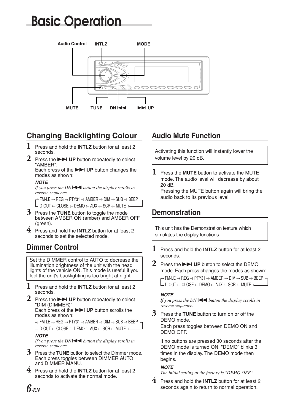 Basic operation, Changing backlighting colour, Dimmer control | Audio mute function, Demonstration | Alpine CDA-7969R User Manual | Page 8 / 34