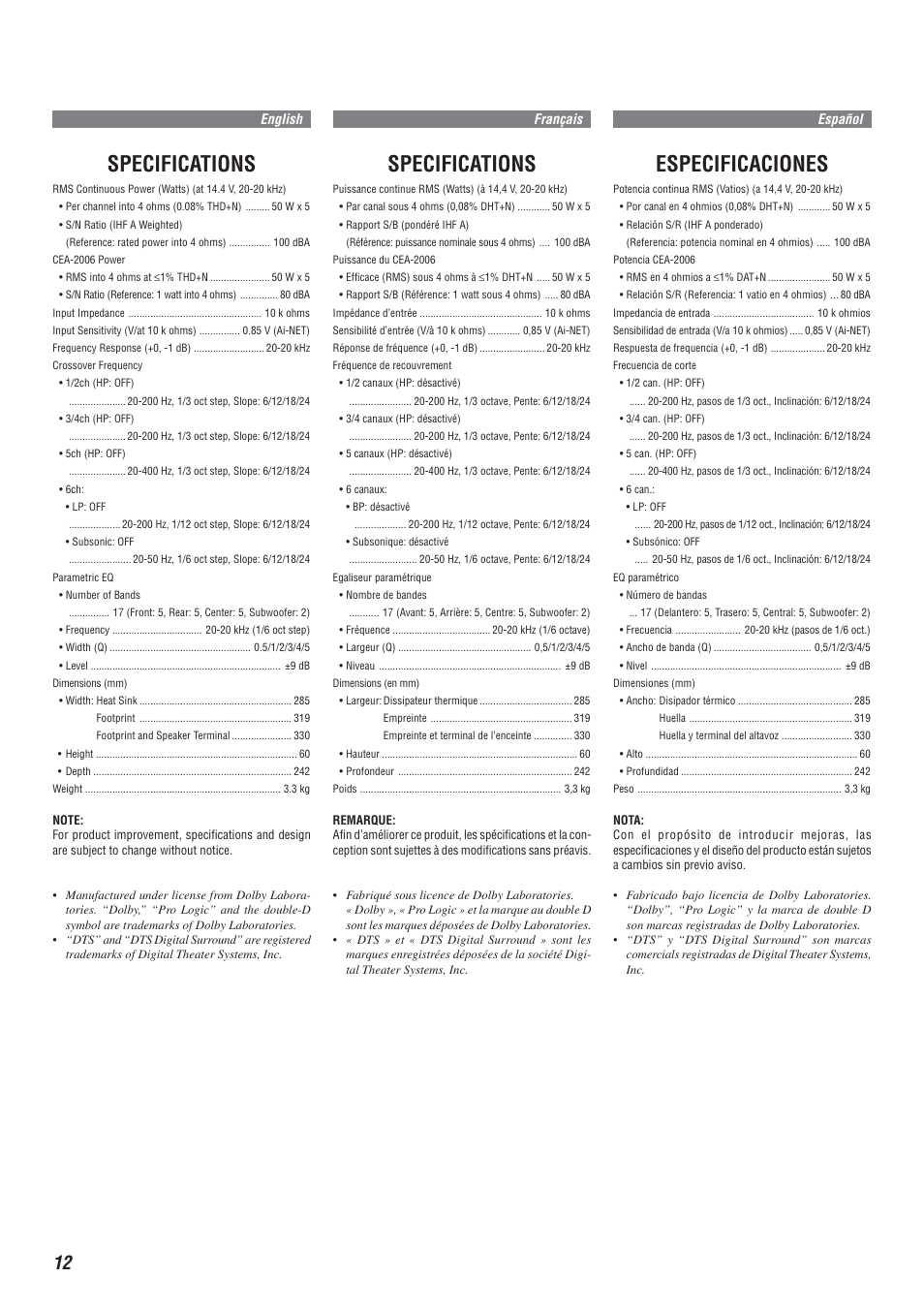 Specifications, Especificaciones | Alpine MRA-F350 User Manual | Page 12 / 16