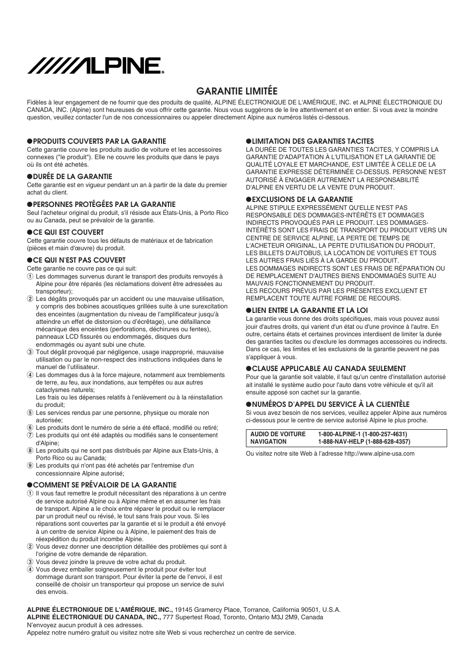 Garantie limitée | Alpine MRA-F350 User Manual | Page 15 / 16