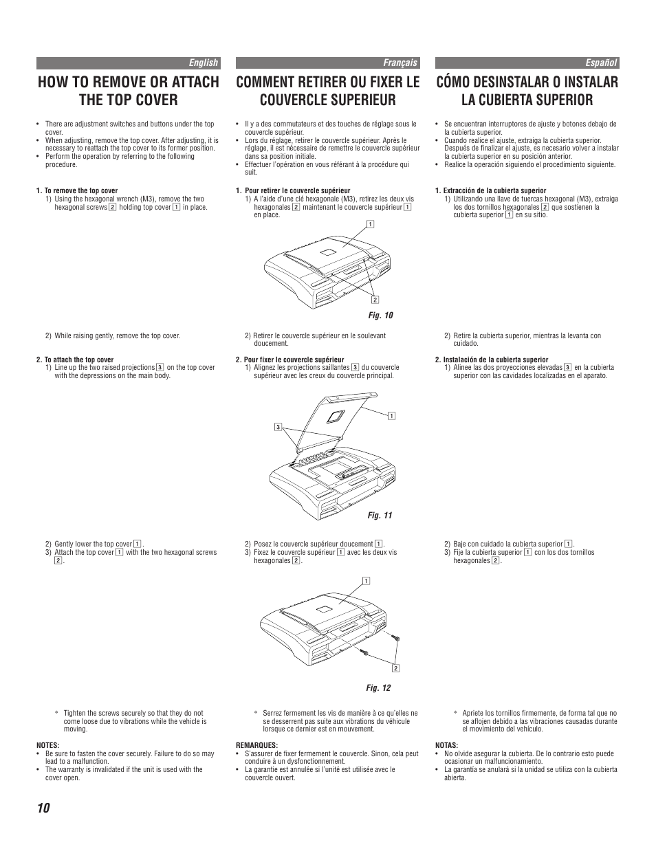 How to remove or attach the top cover, Comment retirer ou fixer le couvercle superieur, Cómo desinstalar o instalar la cubierta superior | Alpine MRV-F345 User Manual | Page 10 / 24