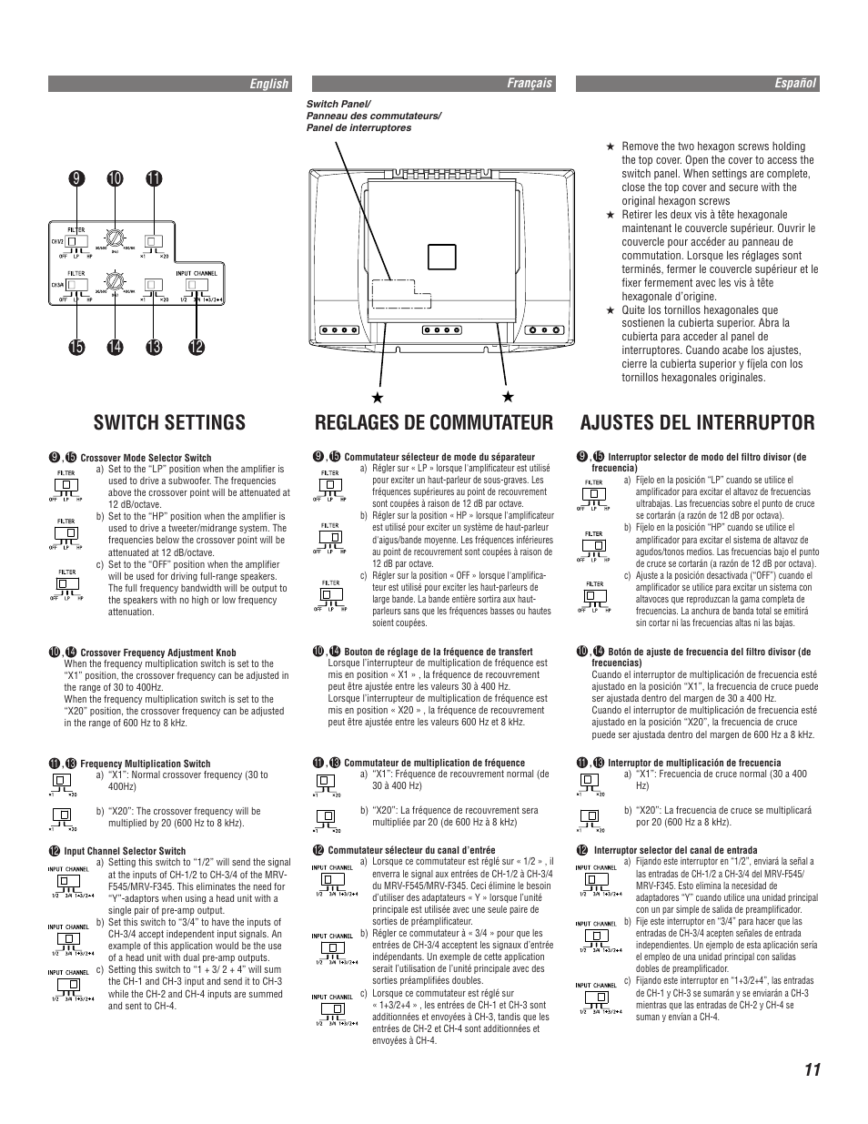 Reglages de commutateur, Switch settings, Ajustes del interruptor | Alpine MRV-F345 User Manual | Page 11 / 24