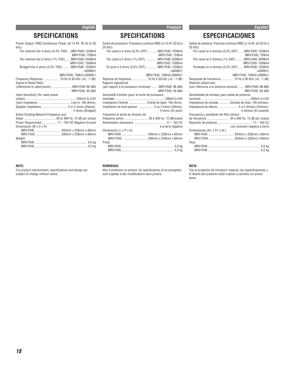 Especificaciones, Specifications | Alpine MRV-F345 User Manual | Page 18 / 24