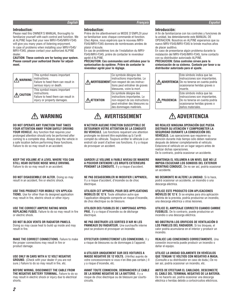 Warning, Avertissement, Advertencia | Alpine MRV-F345 User Manual | Page 2 / 24