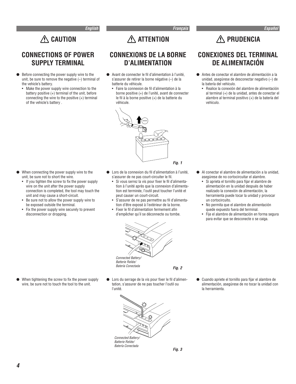 Caution connections of power supply terminal, Attention connexions de la borne d’alimentation, Prudencia conexiones del terminal de alimentación | Alpine MRV-F345 User Manual | Page 4 / 24