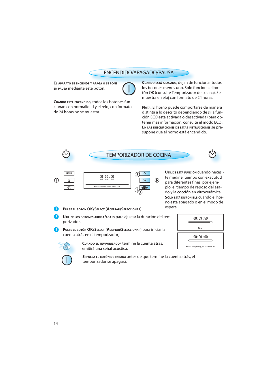 Encendido/apagado/pausa, Temporizador de cocina | Whirlpool AMW 598 IX User Manual | Page 14 / 40