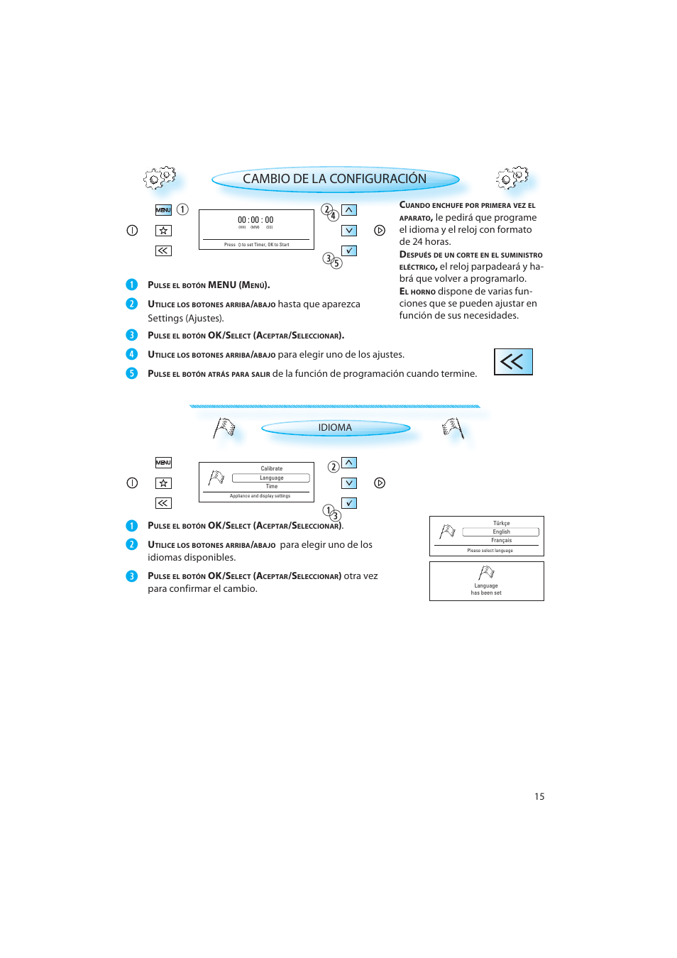 Cambio de la configuración | Whirlpool AMW 598 IX User Manual | Page 15 / 40