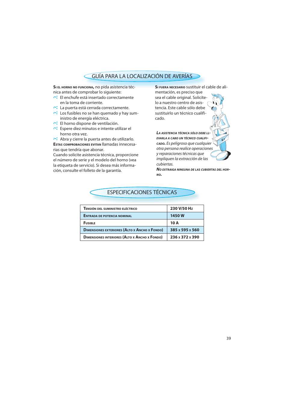 Guía para la localización de averías, Especificaciones técnicas | Whirlpool AMW 598 IX User Manual | Page 39 / 40