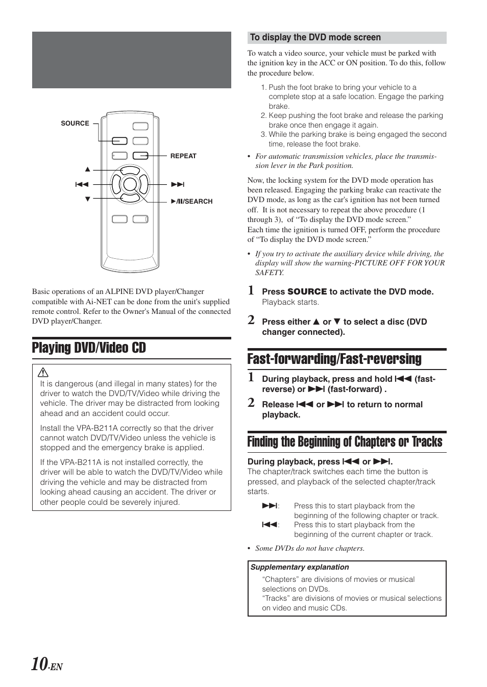 Dvd/video cd operation (optional), Playing dvd/video cd, Fast-forwarding/fast-reversing | Finding the beginning of chapters or tracks | Alpine VPA-B211A User Manual | Page 11 / 29