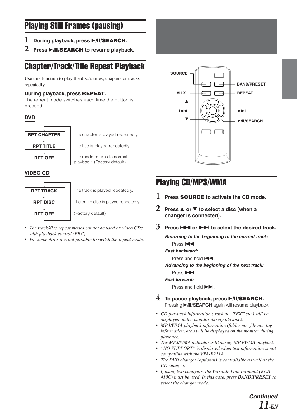 Cd/mp3/wma operation (optional), Playing cd/mp3/wma, Playing still frames (pausing) | Chapter/track/title repeat playback | Alpine VPA-B211A User Manual | Page 12 / 29