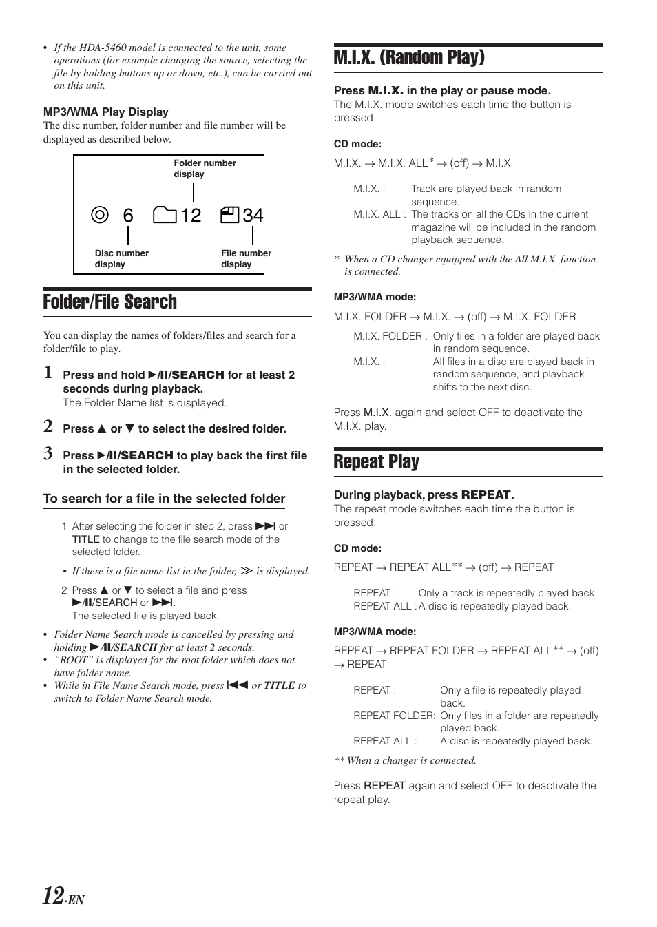 M.i.x. (random play), Repeat play, Folder/file search | Alpine VPA-B211A User Manual | Page 13 / 29