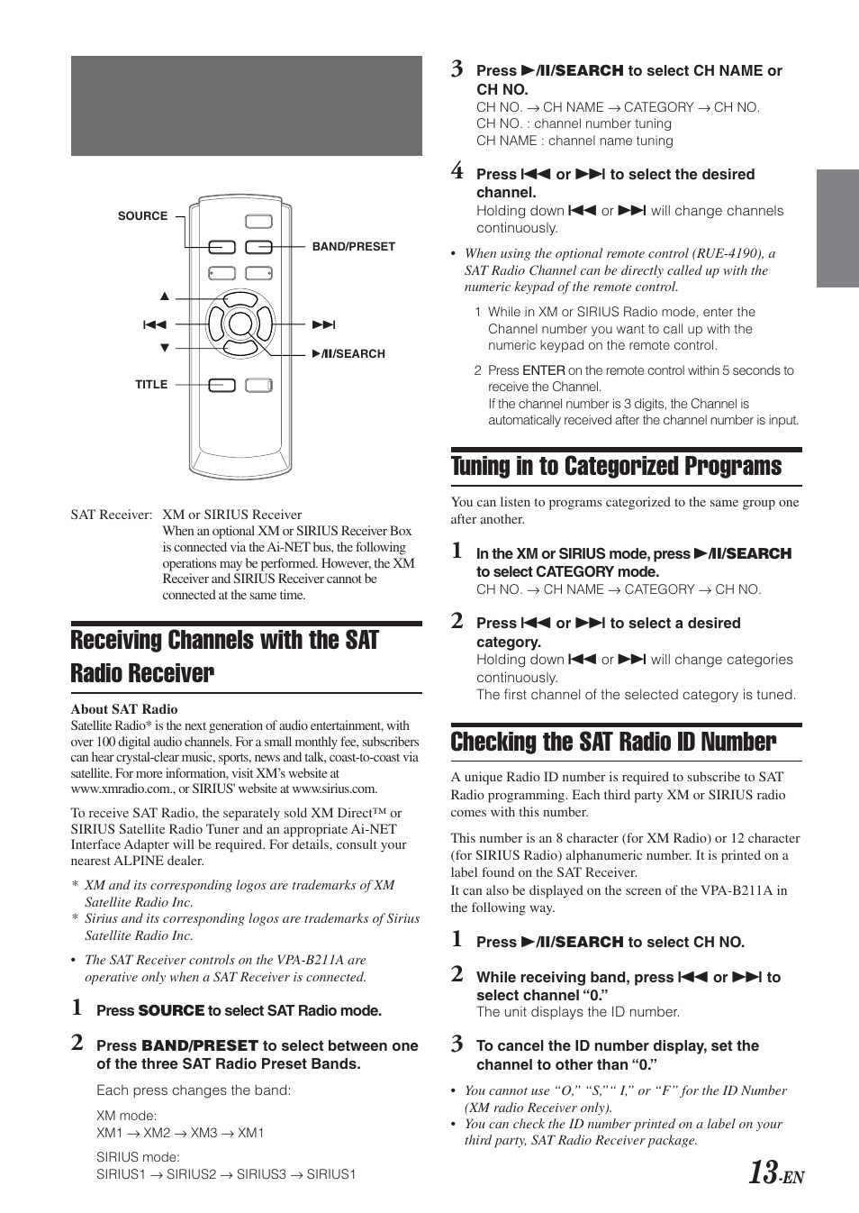 Sat radio receiver operation (optional), Receiving channels with the sat radio receiver, Tuning in to categorized programs | Checking the sat radio id number | Alpine VPA-B211A User Manual | Page 14 / 29
