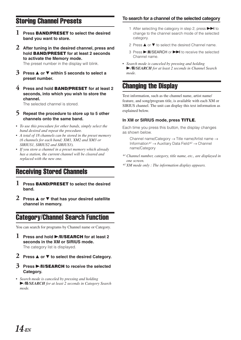 Storing channel presets, Receiving stored channels, Category/channel search function | Changing the display | Alpine VPA-B211A User Manual | Page 15 / 29