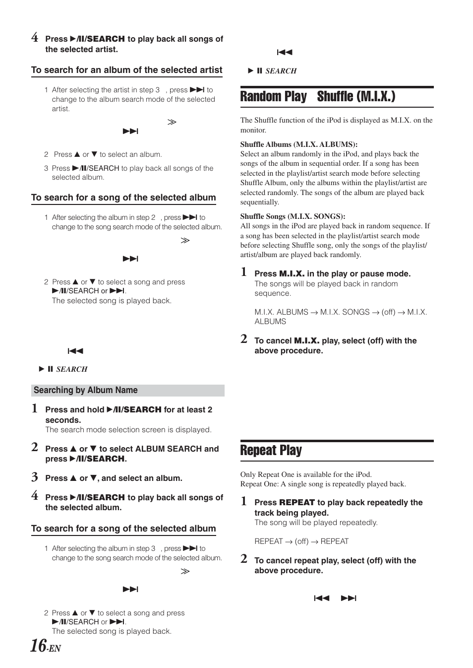 Random play shuffle (m.i.x.), Repeat play | Alpine VPA-B211A User Manual | Page 17 / 29