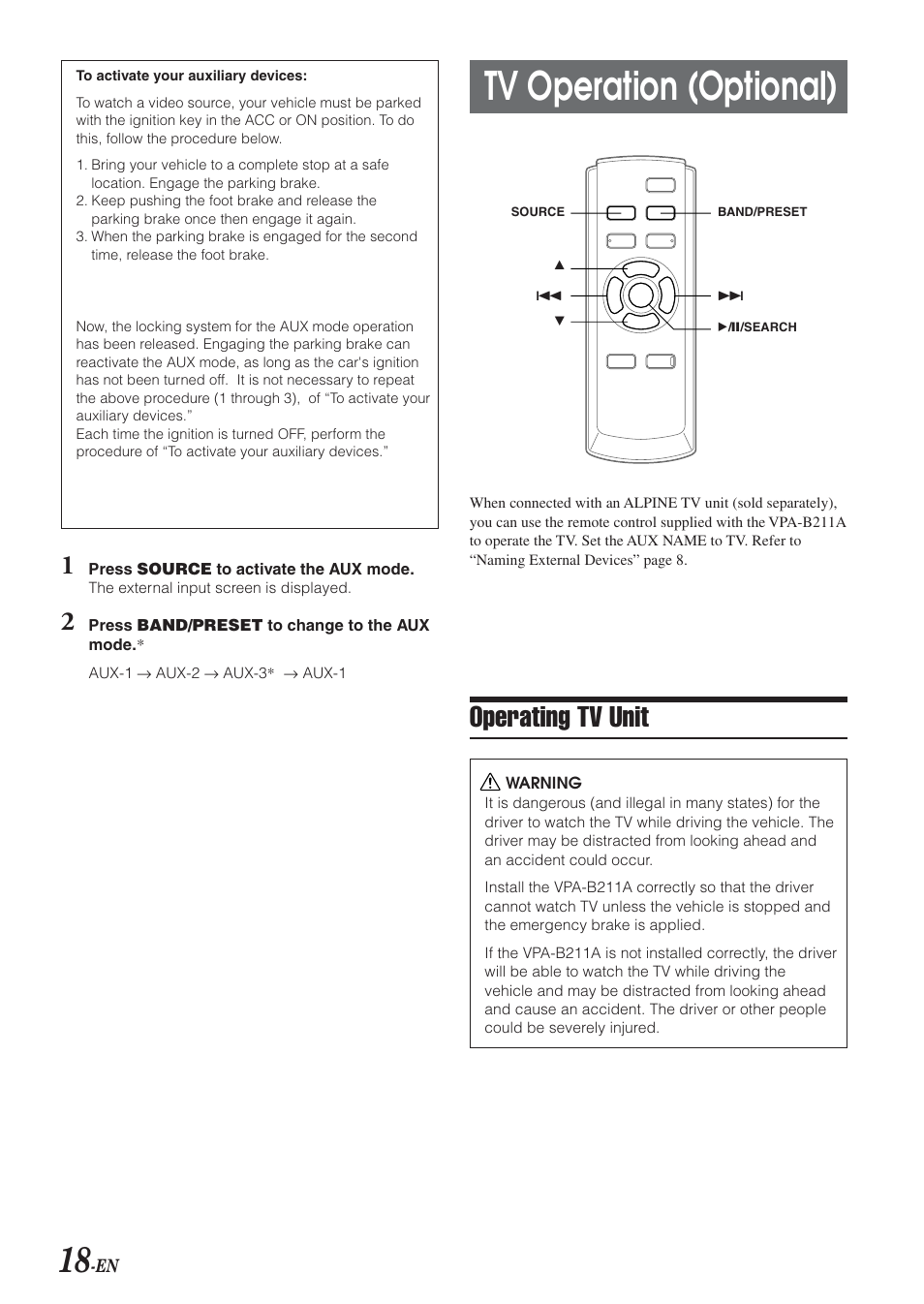 Tv operation (optional), Operating tv unit | Alpine VPA-B211A User Manual | Page 19 / 29