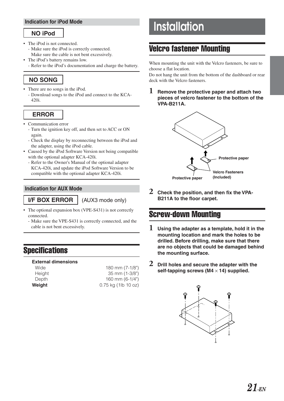 Installation, Velcro fastener mounting, Screw-down mounting | Specifications | Alpine VPA-B211A User Manual | Page 22 / 29