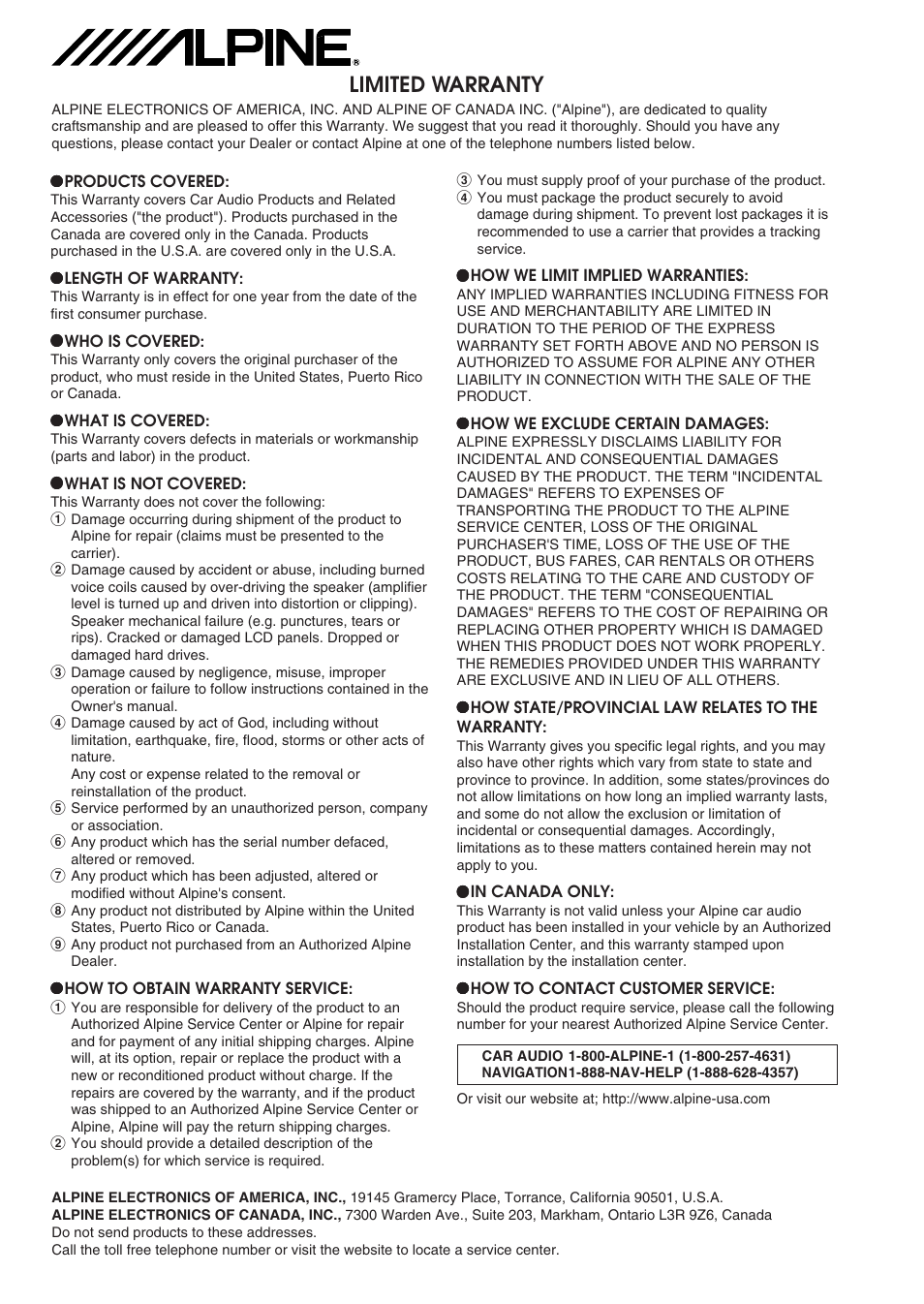 Limited warranty | Alpine VPA-B211A User Manual | Page 29 / 29