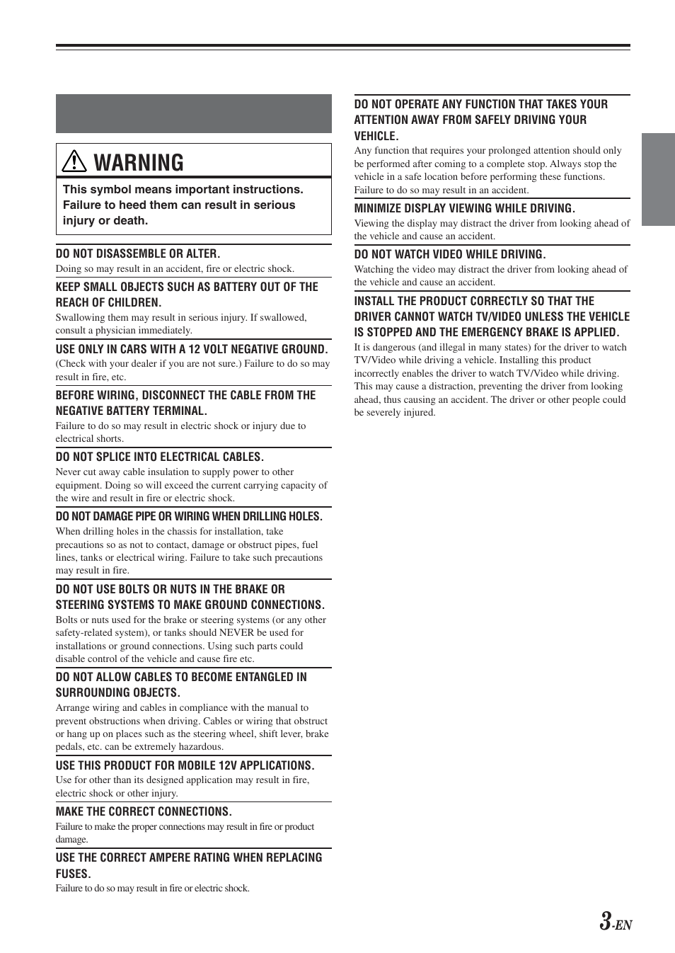 Operating instructions, Warning | Alpine VPA-B211A User Manual | Page 4 / 29