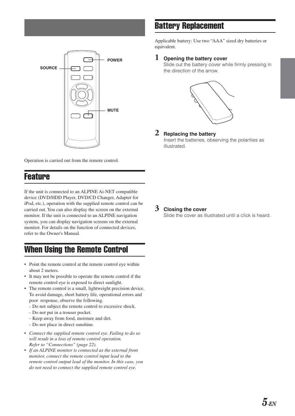 Getting started, Feature, When using the remote control | Battery replacement | Alpine VPA-B211A User Manual | Page 6 / 29