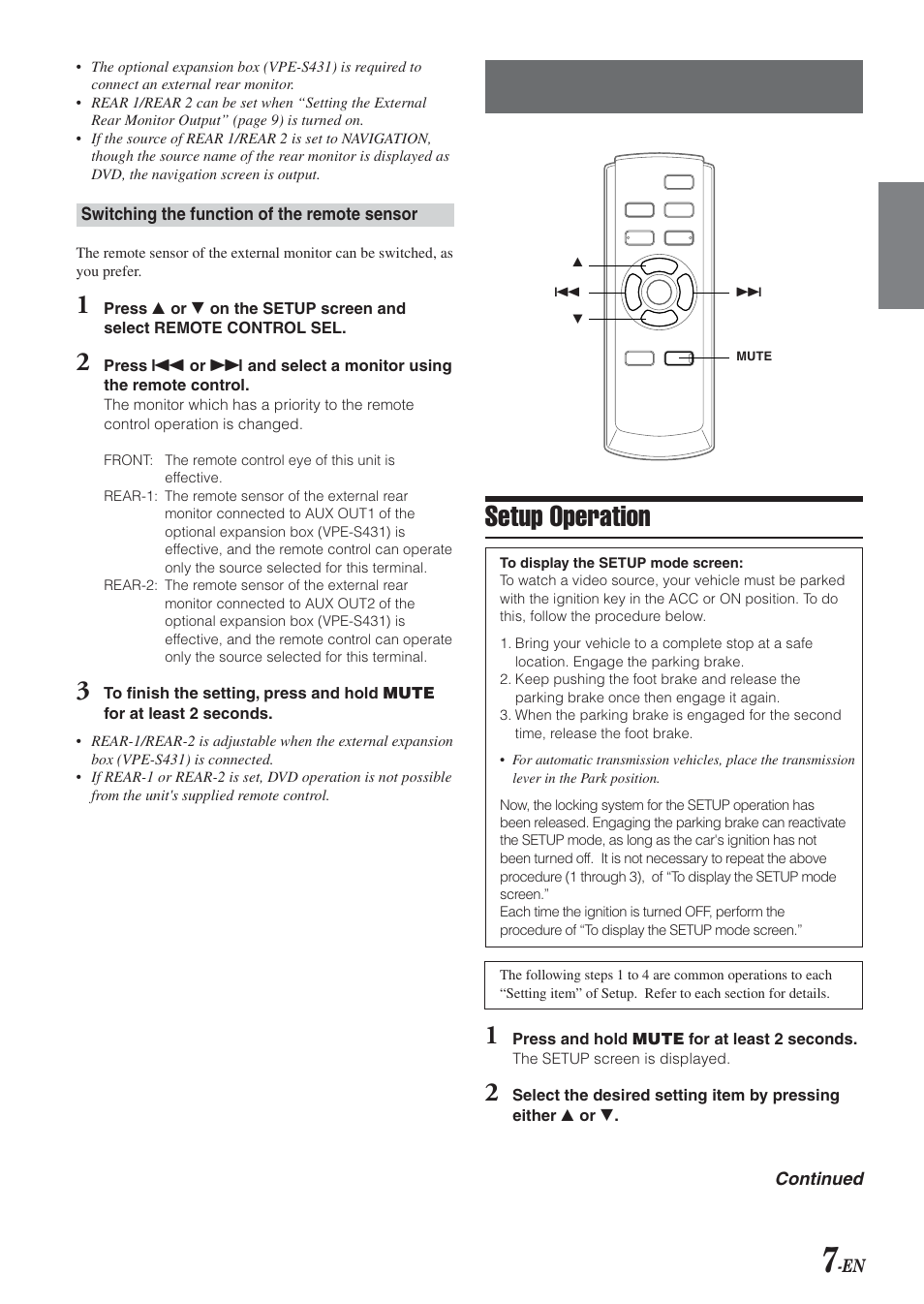 Setup, Setup operation | Alpine VPA-B211A User Manual | Page 8 / 29