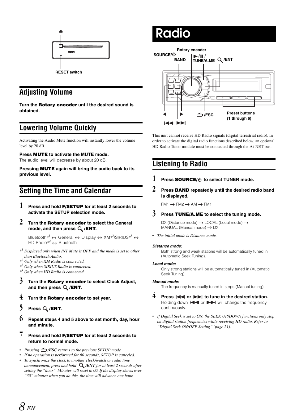 Adjusting volume, Lowering volume quickly, Setting the time and calendar | Radio, Listening to radio | Alpine CDA-9886M User Manual | Page 10 / 50