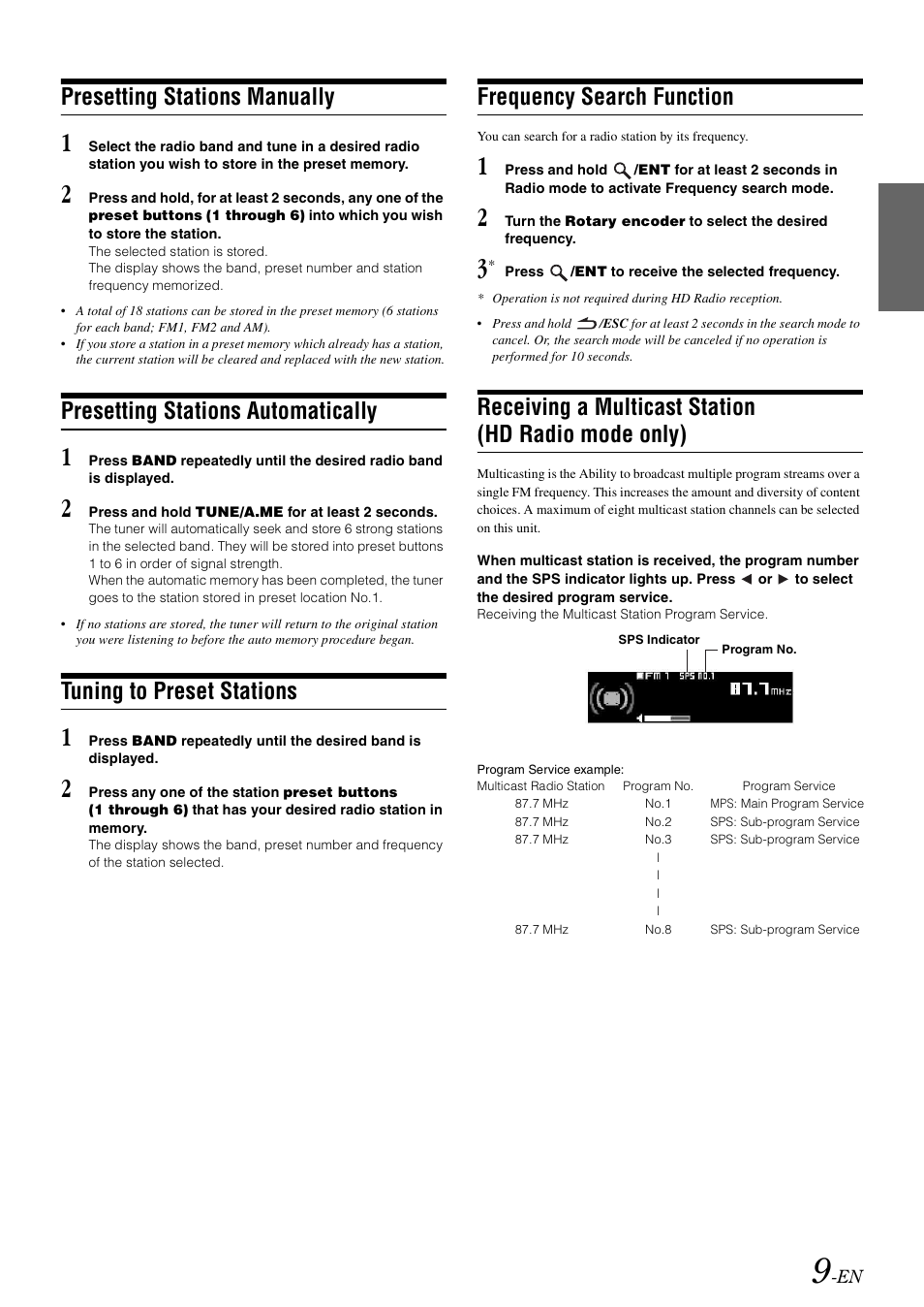 Presetting stations manually, Presetting stations automatically, Tuning to preset stations | Frequency search function, Receiving a multicast station (hd radio mode only), Receiving a multicast station, Hd radio mode only) | Alpine CDA-9886M User Manual | Page 11 / 50