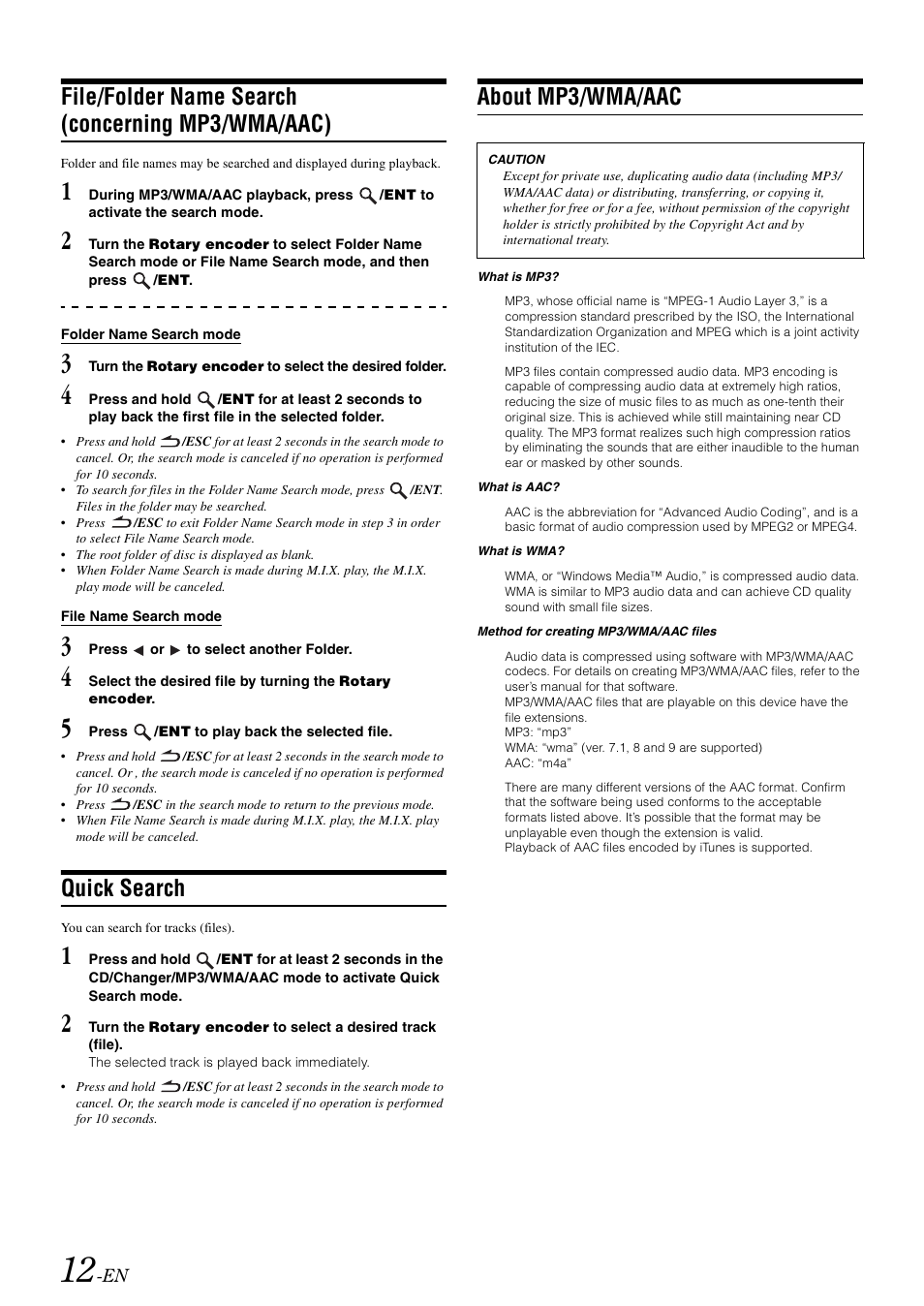 File/folder name search (concerning mp3/wma/aac), Quick search, About mp3/wma/aac | File/folder name search, Concerning mp3/wma/aac) | Alpine CDA-9886M User Manual | Page 14 / 50