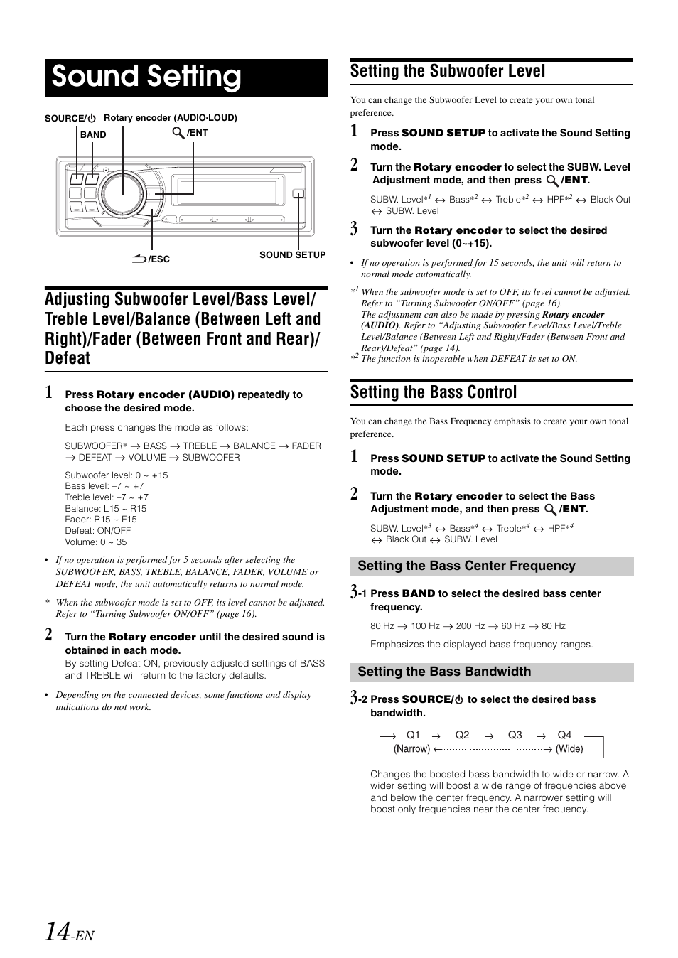Sound setting, Setting the subwoofer level, Setting the bass control | Setting the bass center frequency, Setting the bass bandwidth, Adjusting subwoofer level/bass level/treble | Alpine CDA-9886M User Manual | Page 16 / 50
