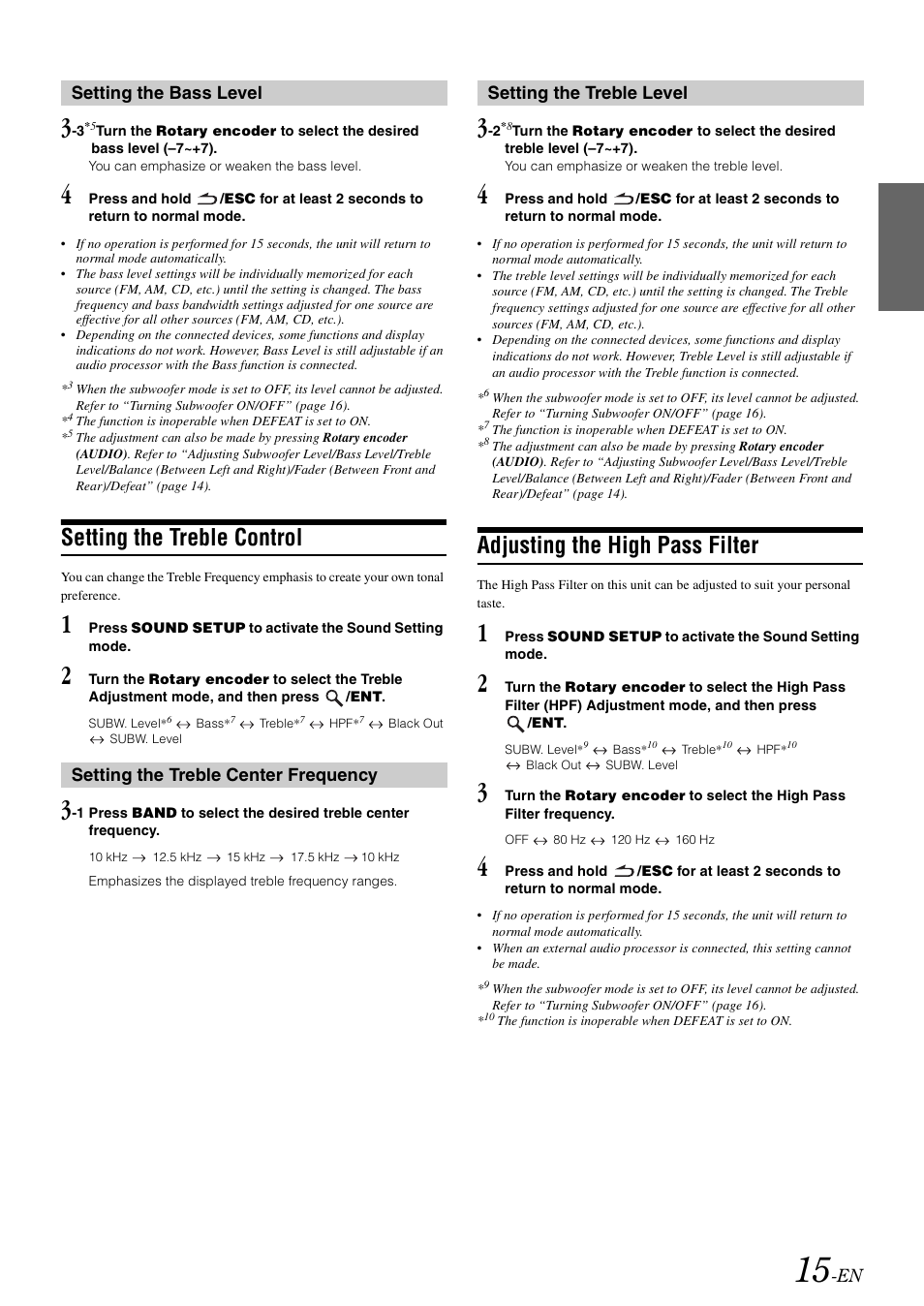 Setting the bass level, Setting the treble control, Setting the treble center frequency | Setting the treble level, Adjusting the high pass filter | Alpine CDA-9886M User Manual | Page 17 / 50