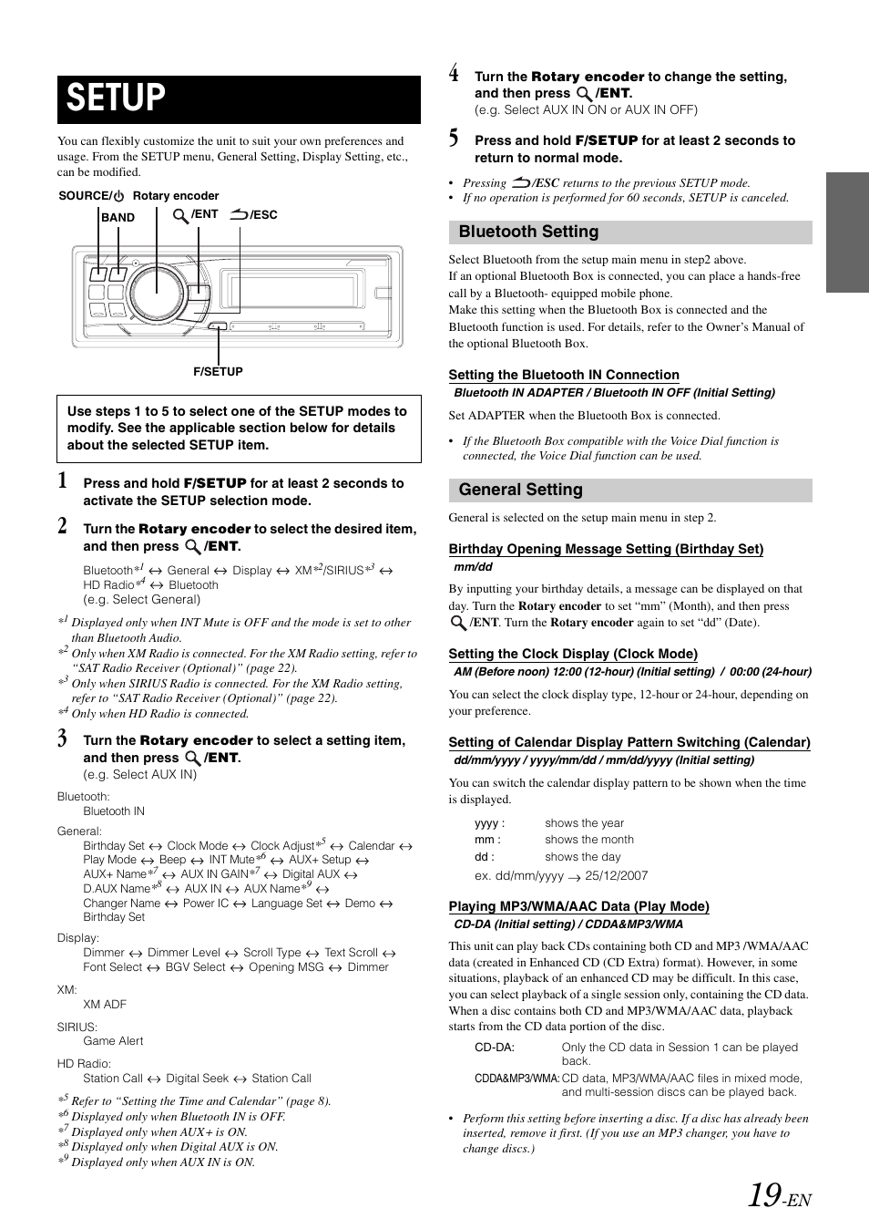 Setup, Bluetooth setting, Setting the bluetooth in connection | General setting, Birthday opening message setting (birthday set), Setting the clock display (clock mode), Playing mp3/wma/aac data (play mode), Birthday opening message setting, Birthday set), Calendar) | Alpine CDA-9886M User Manual | Page 21 / 50
