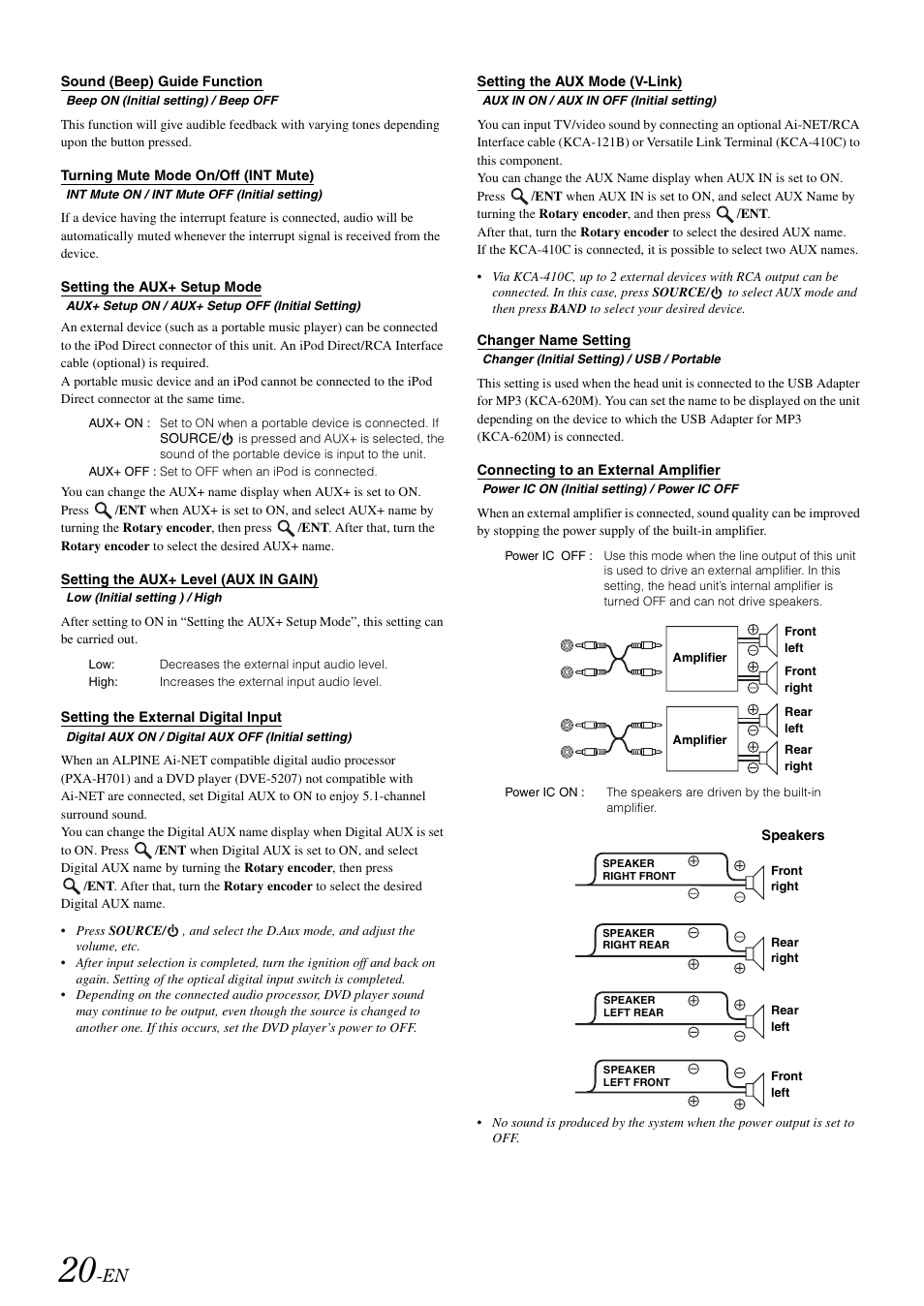 Sound (beep) guide function, Turning mute mode on/off (int mute), Setting the aux+ setup mode | Setting the aux+ level (aux in gain), Setting the external digital input, Setting the aux mode (v-link), Changer name setting, Connecting to an external amplifier | Alpine CDA-9886M User Manual | Page 22 / 50
