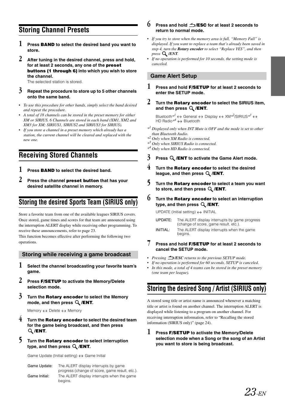 Storing channel presets, Receiving stored channels, Storing the desired sports team (sirius only) | Storing while receiving a game broadcast, Game alert setup, Storing the desired song / artist (sirius only), Storing the desired sports team, Storing the desired song / artist, Sirius only) | Alpine CDA-9886M User Manual | Page 25 / 50
