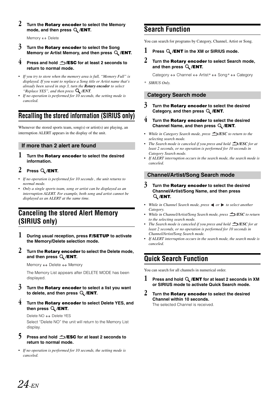 Recalling the stored information (sirius only), If more than 2 alert are found, Canceling the stored alert memory (sirius only) | Search function, Category search mode, Channel/artist/song search mode, Quick search function, Recalling the stored information, Sirius only) if more than 2 alert are found, Canceling the stored alert memory | Alpine CDA-9886M User Manual | Page 26 / 50