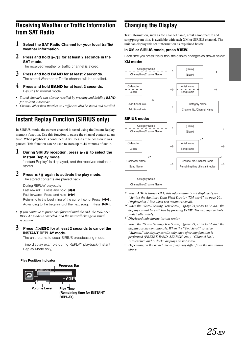 Instant replay function (sirius only), Changing the display, Receiving weather or traffic information | From sat radio | Alpine CDA-9886M User Manual | Page 27 / 50