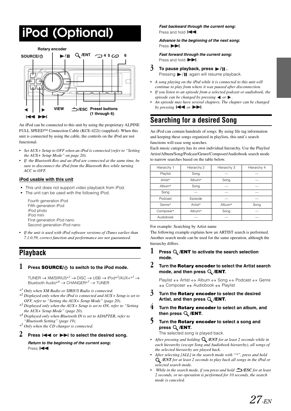 Ipod (optional), Playback, Searching for a desired song | Alpine CDA-9886M User Manual | Page 29 / 50