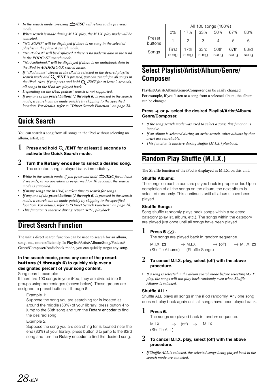 Quick search, Direct search function, Select playlist/artist/album/genre/composer | Random play shuffle (m.i.x.), Select playlist/artist/album/genre, Composer, Select playlist/artist/album/genre/ composer | Alpine CDA-9886M User Manual | Page 30 / 50