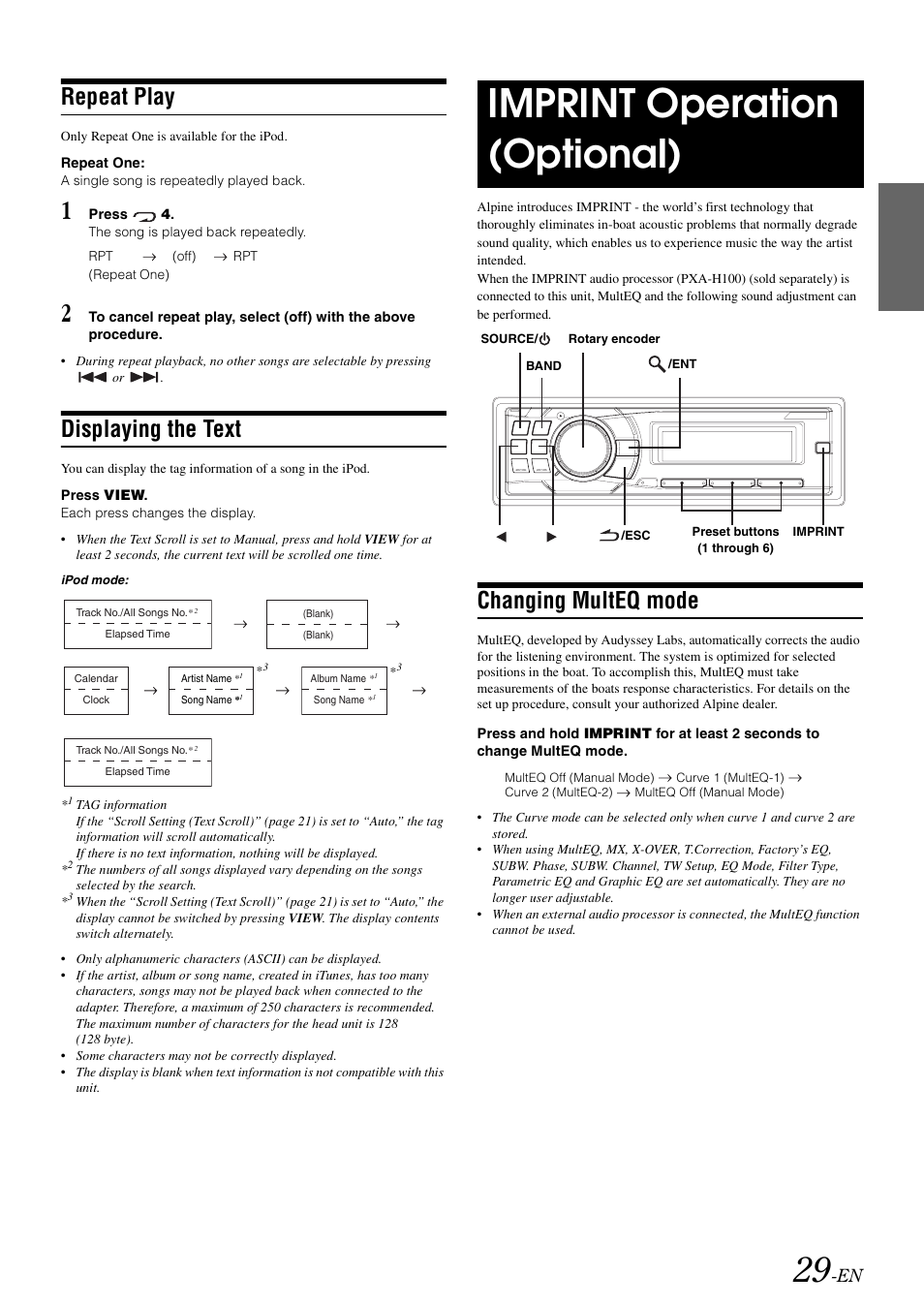 Repeat play, Displaying the text, Imprint operation (optional) | Changing multeq mode | Alpine CDA-9886M User Manual | Page 31 / 50