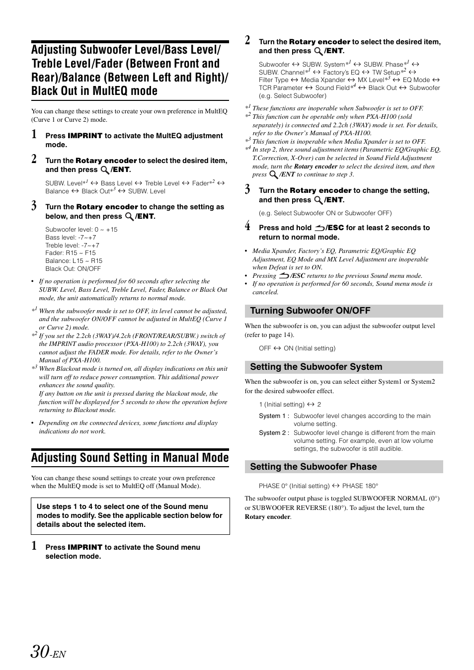 Adjusting sound setting in manual mode, Turning subwoofer on/off, Setting the subwoofer system | Setting the subwoofer phase, Adjusting subwoofer level/bass level/treble | Alpine CDA-9886M User Manual | Page 32 / 50