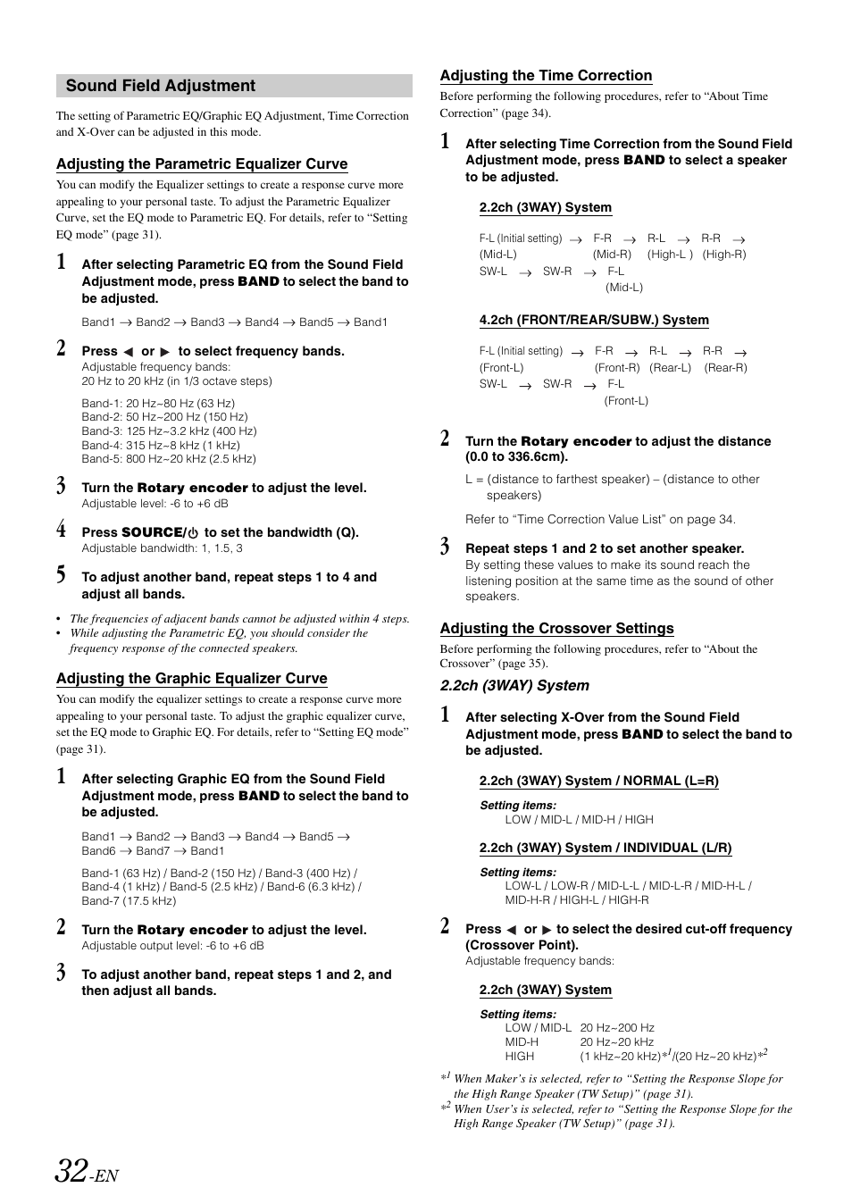 Sound field adjustment, Adjusting the parametric equalizer curve, Adjusting the graphic equalizer curve | Adjusting the time correction, Adjusting the crossover settings | Alpine CDA-9886M User Manual | Page 34 / 50