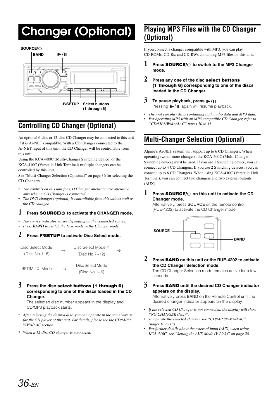 Changer (optional), Controlling cd changer (optional), Playing mp3 files with the cd changer (optional) | Multi-changer selection (optional), Playing mp3 files with the cd changer, Optional) | Alpine CDA-9886M User Manual | Page 38 / 50